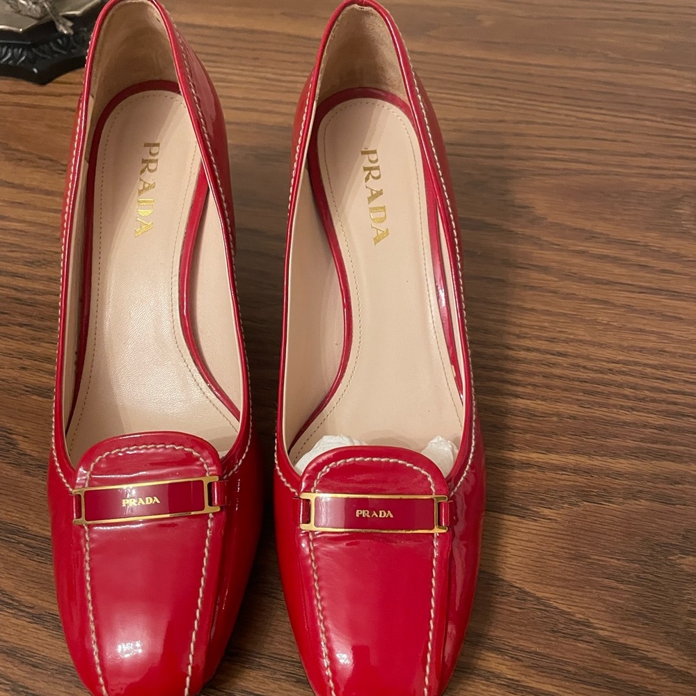 Prada Red Glossy Heels with Gold Accent